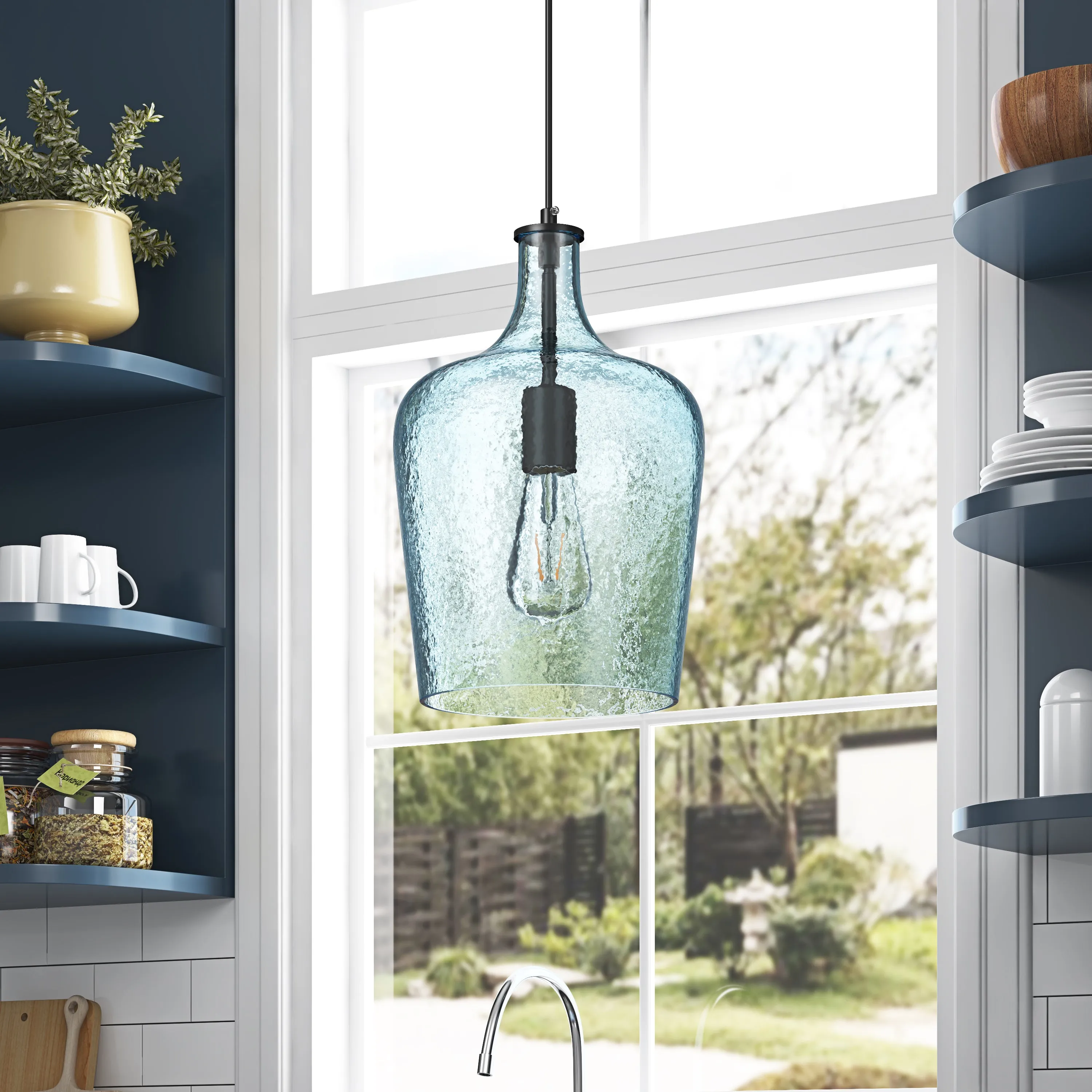 1-Light Cyan Glass Shade Pendant Lighting