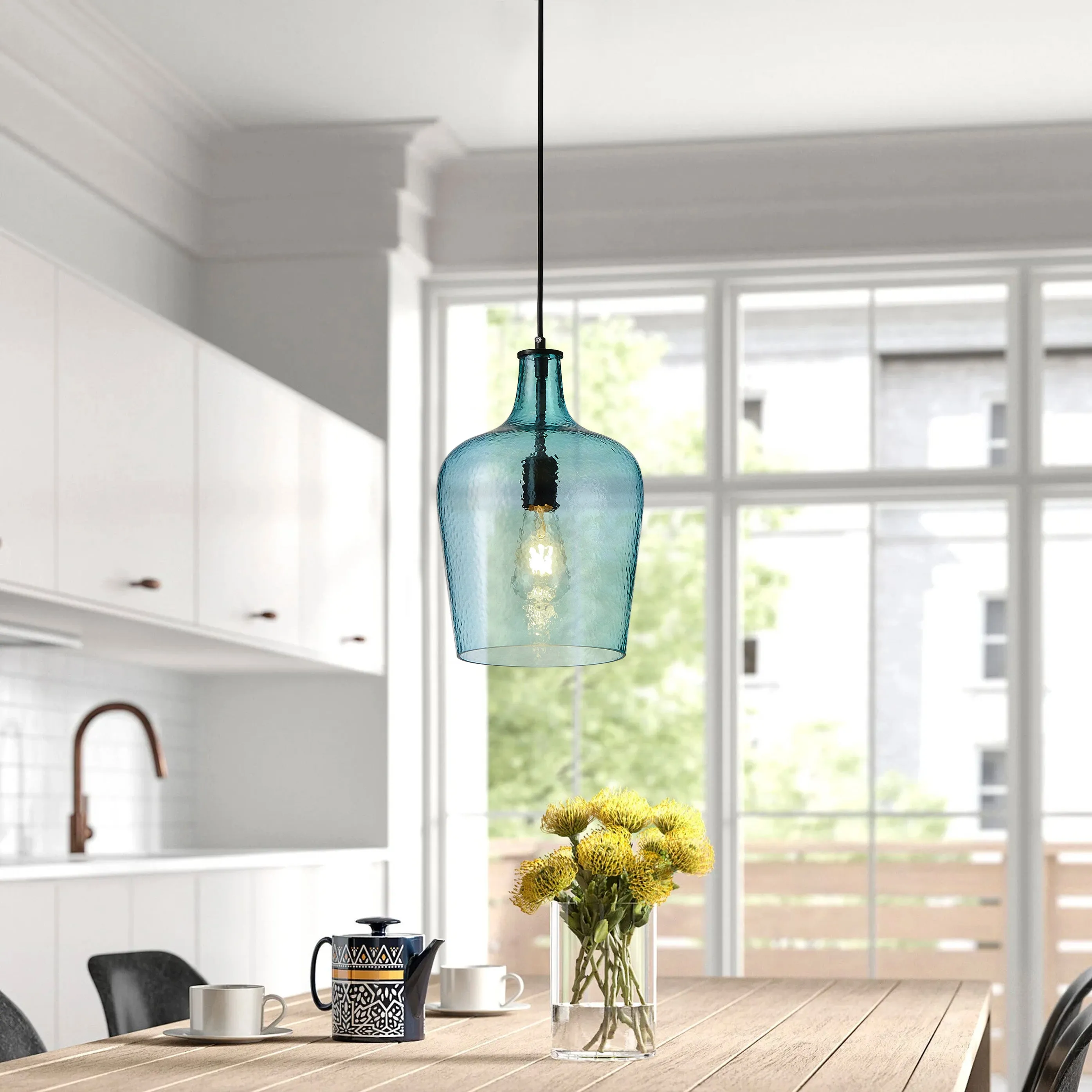 1-Light Cyan Glass Shade Pendant Lighting
