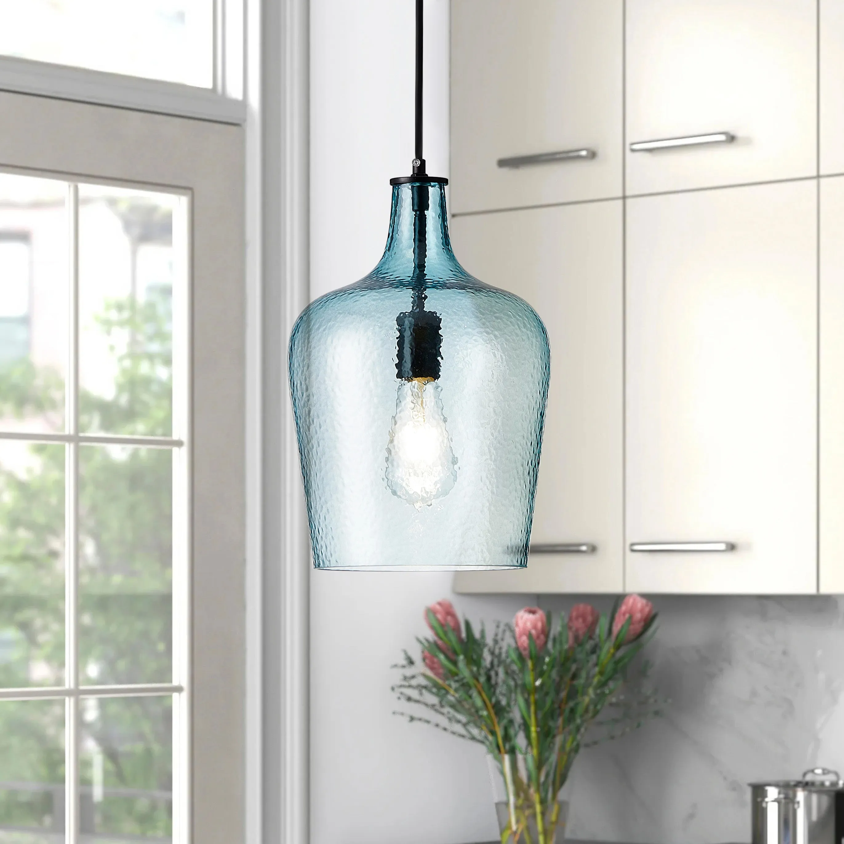 1-Light Cyan Glass Shade Pendant Lighting
