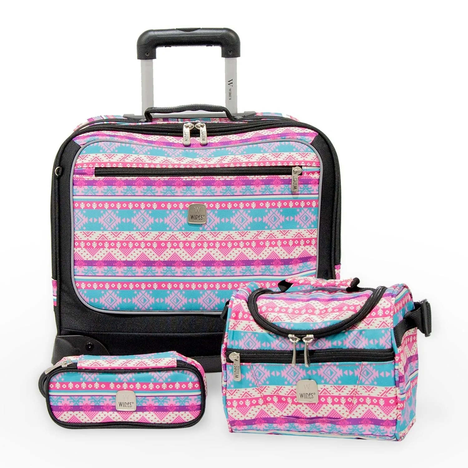 3 Pieces Set - 4 Wheels School Bag trolley with Lunch Bag   Pencil Case African Pink Design