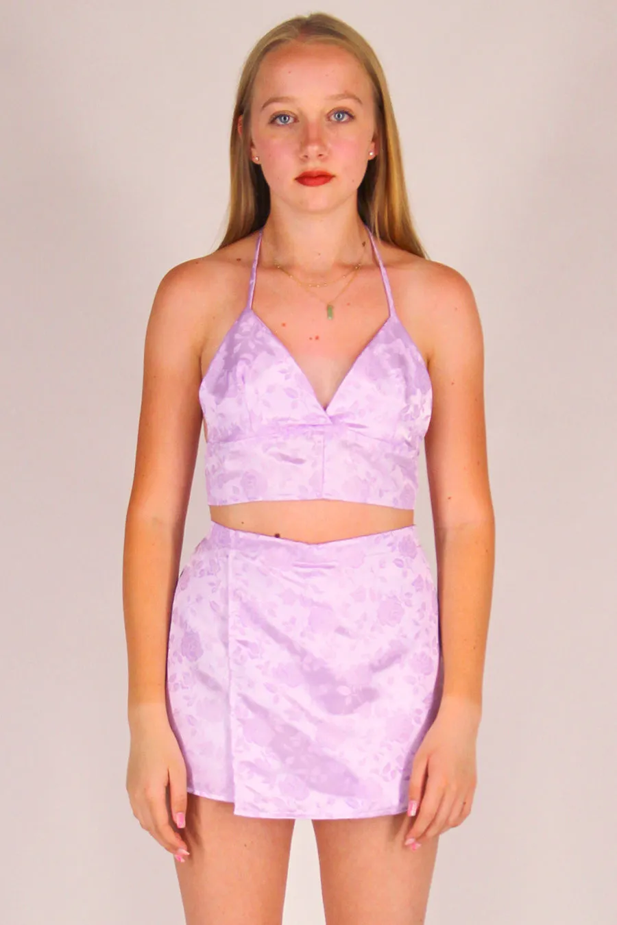 Bralette Crop Top - Lavender Satin with Roses
