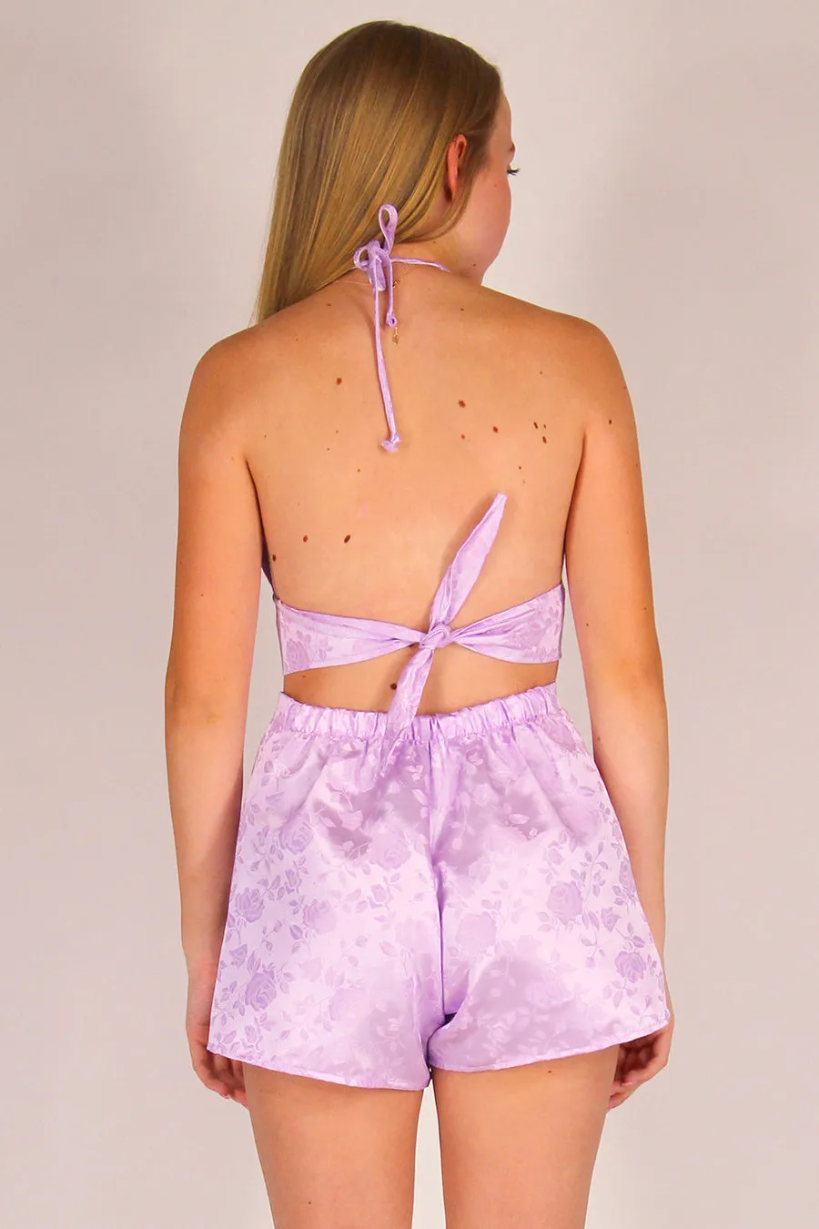 Bralette Crop Top - Lavender Satin with Roses