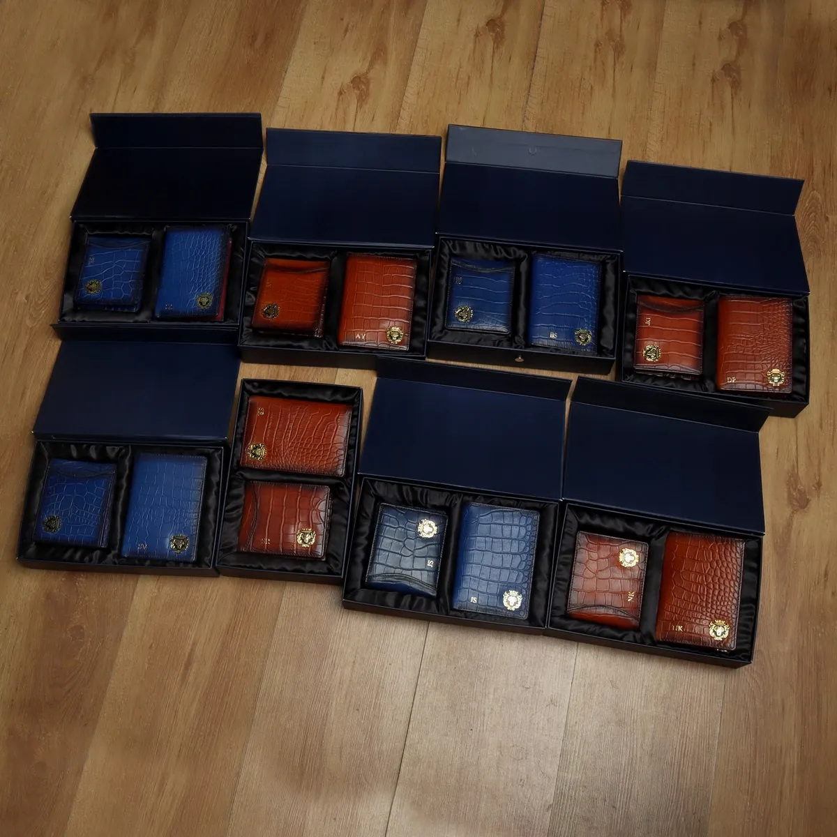 Corporate Gifting Blue & Tan Colored Leather Wallets and Passport Holder with Embossed Initials bulk Order (Reference Price for 1 Unit)