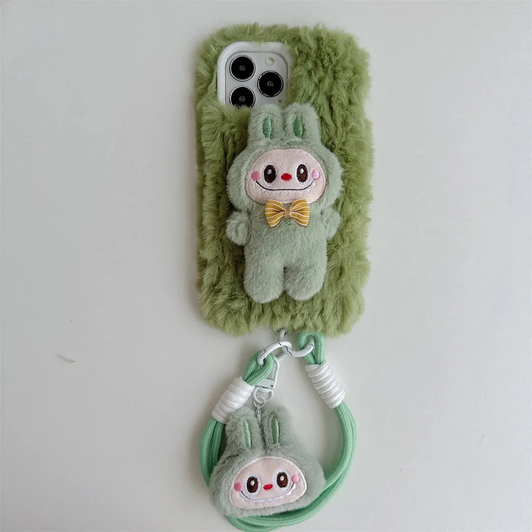 Cute Soft Fluffy Plush Labubu Charm Wristlet Strap Phone Case Cover for iPhone