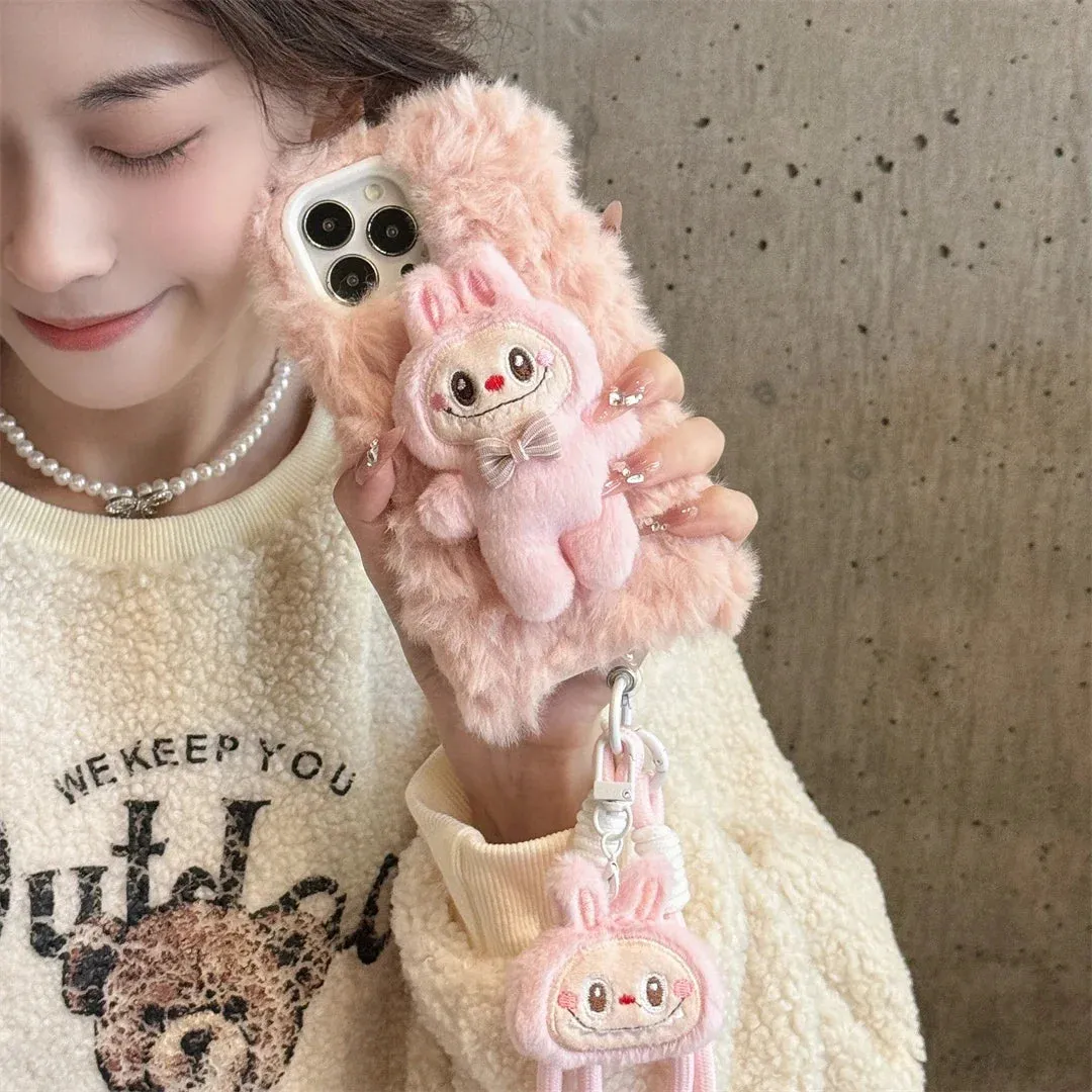 Cute Soft Fluffy Plush Labubu Charm Wristlet Strap Phone Case Cover for iPhone