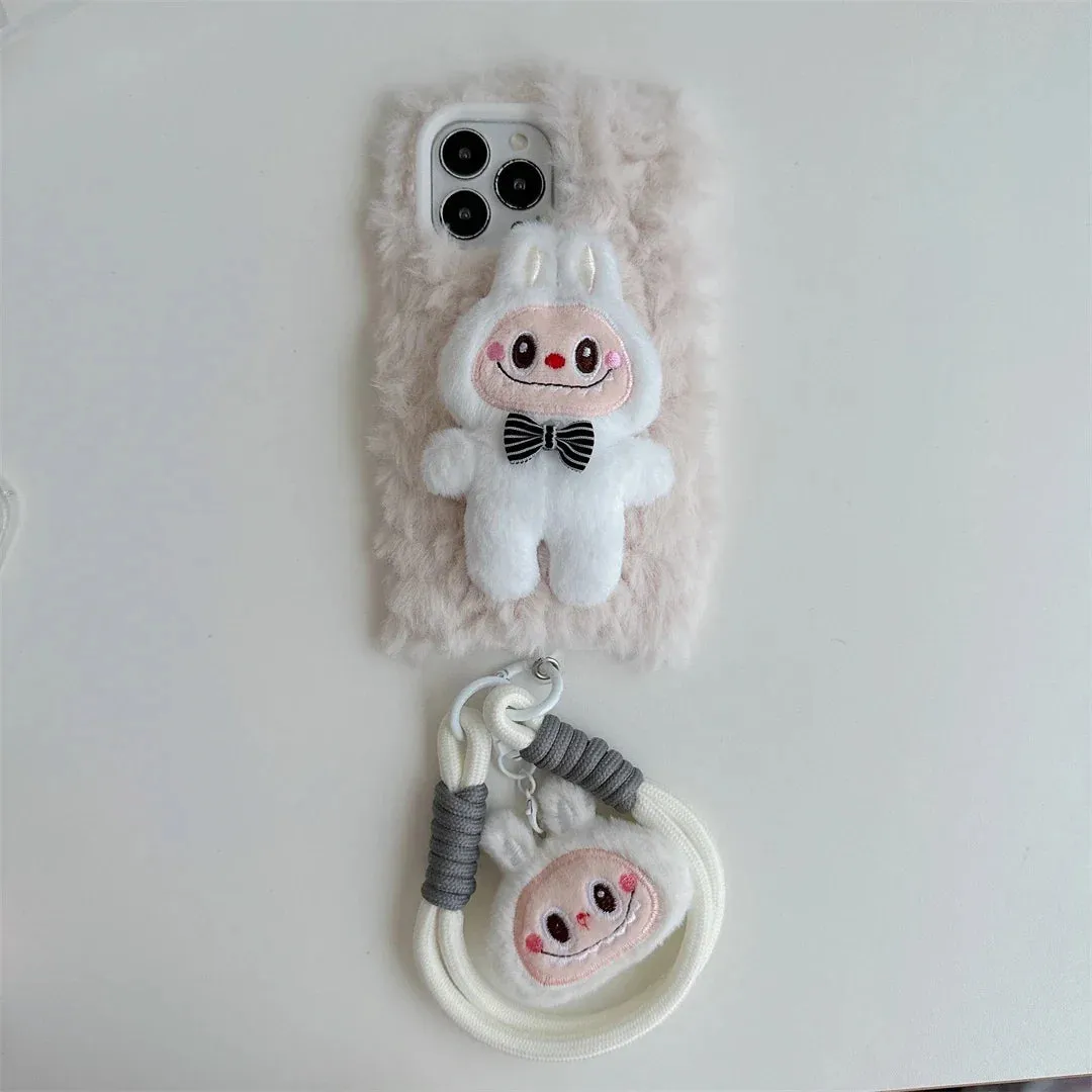 Cute Soft Fluffy Plush Labubu Charm Wristlet Strap Phone Case Cover for iPhone