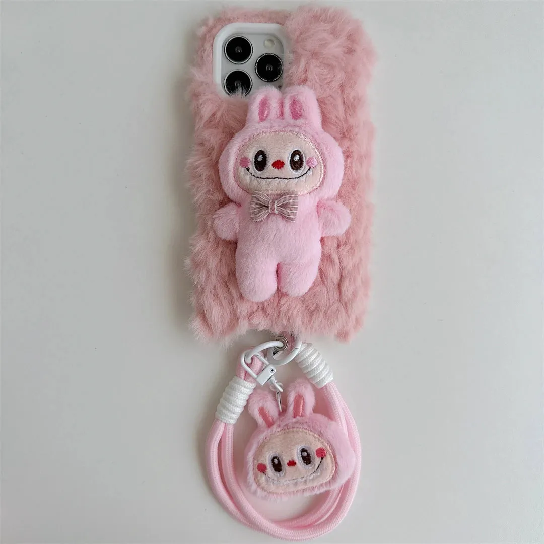 Cute Soft Fluffy Plush Labubu Charm Wristlet Strap Phone Case Cover for iPhone
