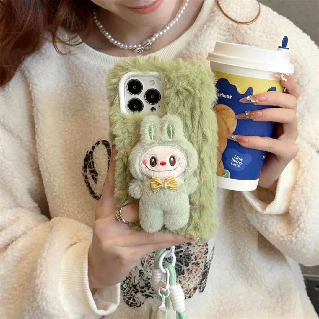 Cute Soft Fluffy Plush Labubu Charm Wristlet Strap Phone Case Cover for iPhone