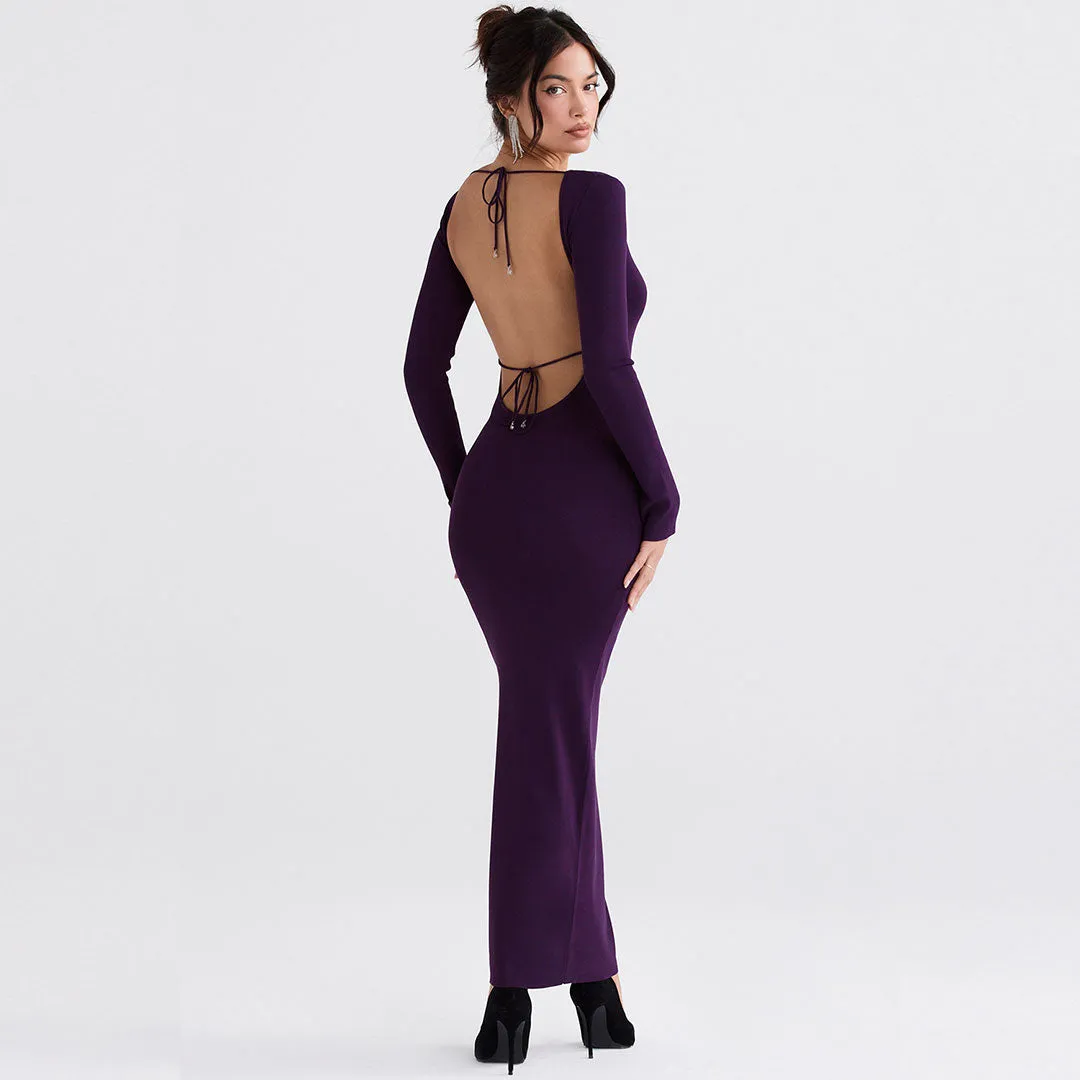 Elegant Solid Color Long Sleeve Backless Bodycon Maxi Dress - Purple