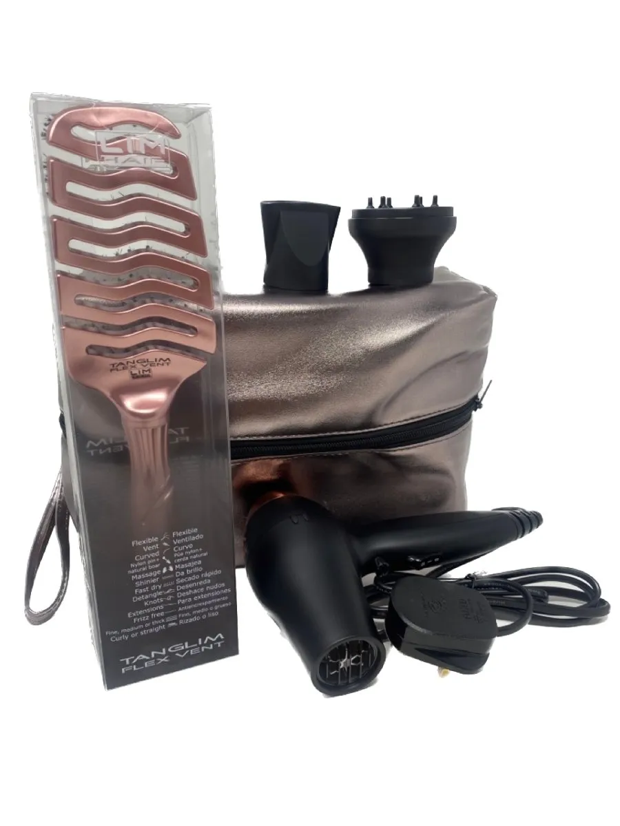 Lim Hair WR 3.0 Black Rose Gold Travel Hair Dryer & Brush Set