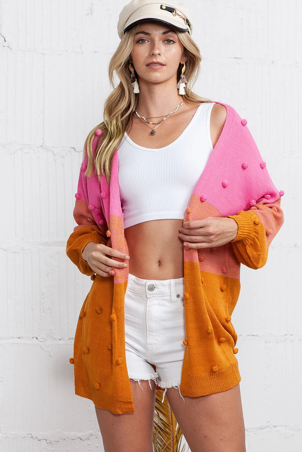 Multicolor Pompom Color Block Open Front Cardigan Sweater