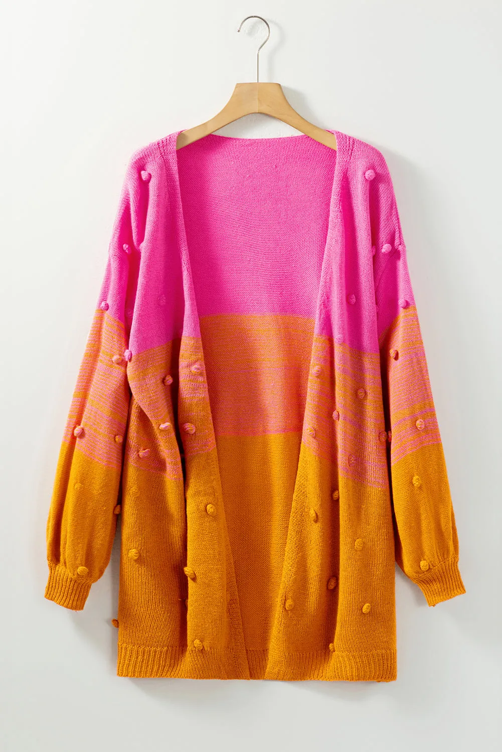 Multicolor Pompom Color Block Open Front Cardigan Sweater